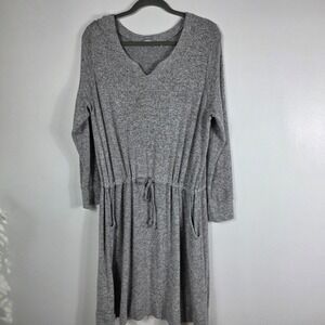 Soft Surroundings L Grey Marled V Neck Long Sleeve Drawstring Waist Midi Dress